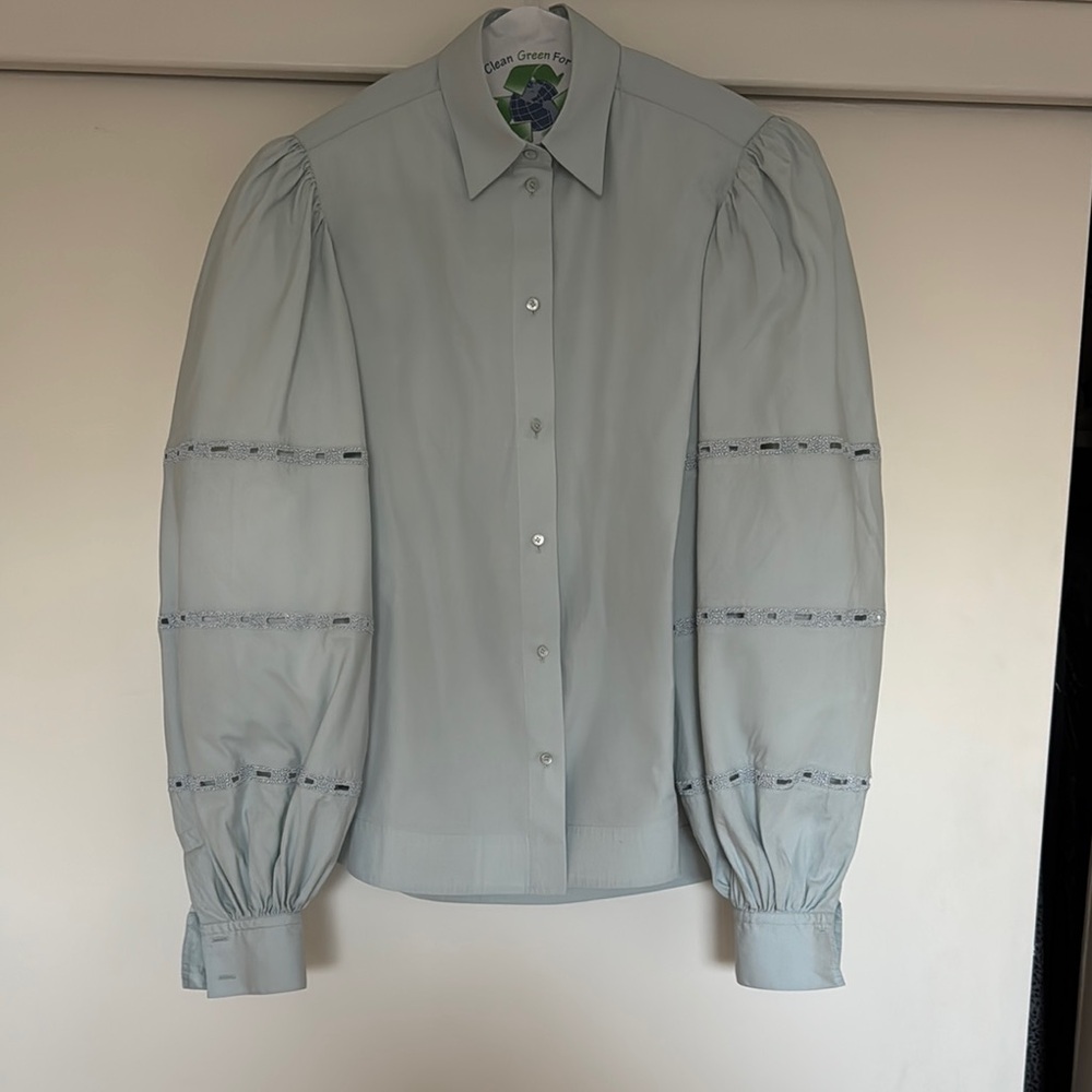 Alaia Blue Puff Sleeve Blouse with Dress Shirt Collar - Picture 5 of 6